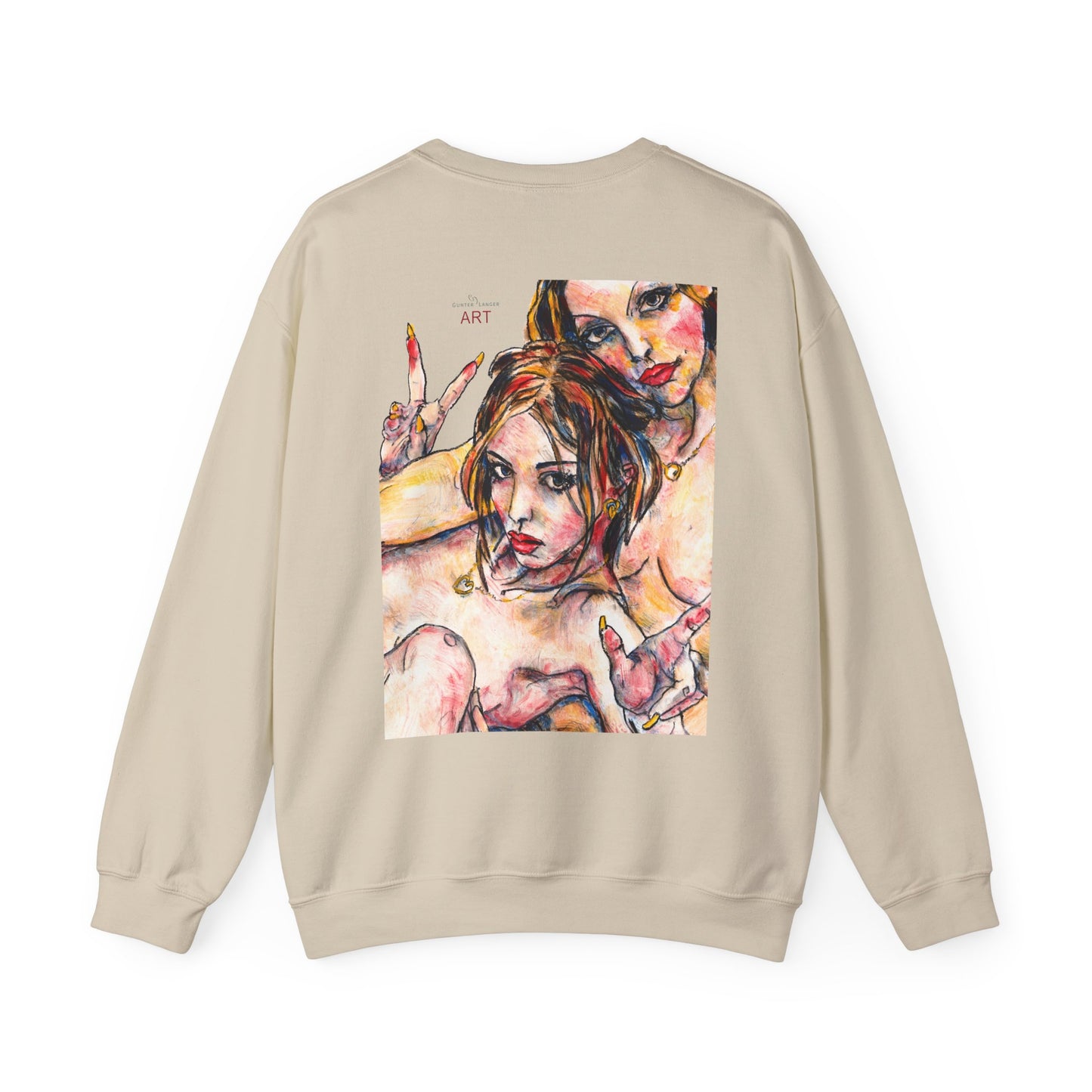 Unisex Heavy Blend™ Crewneck Sweatshirt - Motiv: Front Camilla (H 11,4 cm) & Rückseite Camilla / Leni, H 41 cm