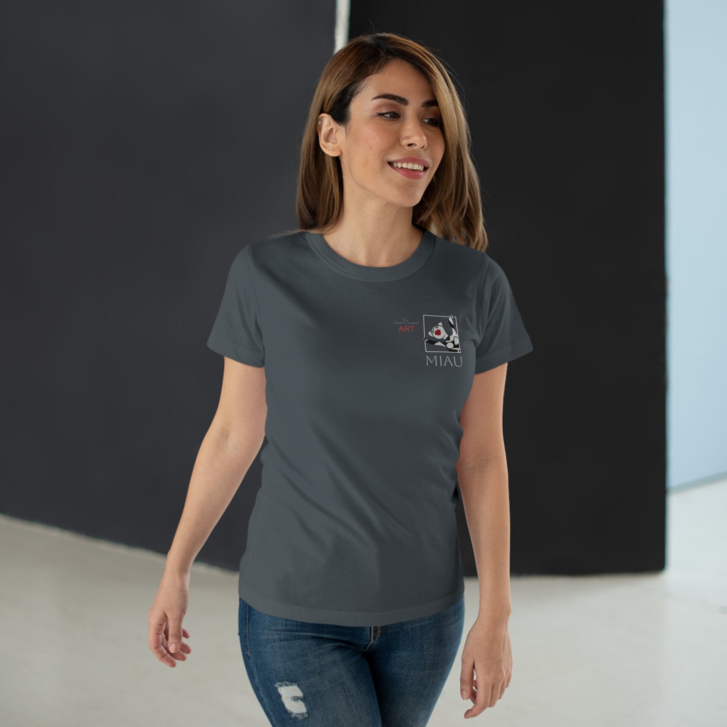 Copy of Single Jersey Women's T-shirt - dunkel - Motiv: Miau, Weiß, H 7 cm