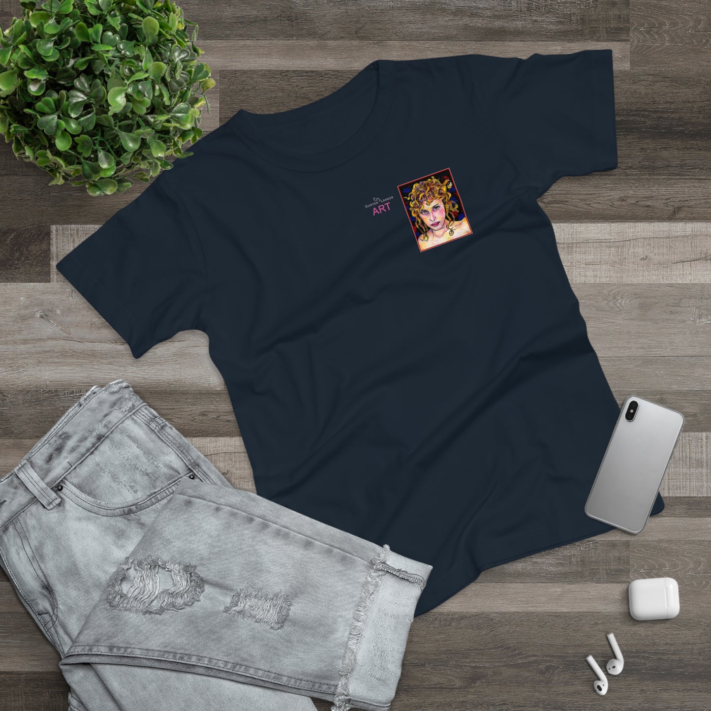 Single Jersey Women's T-shirt - dunkel - Motiv: Antonietta, Ausschnitt, H 9 cm