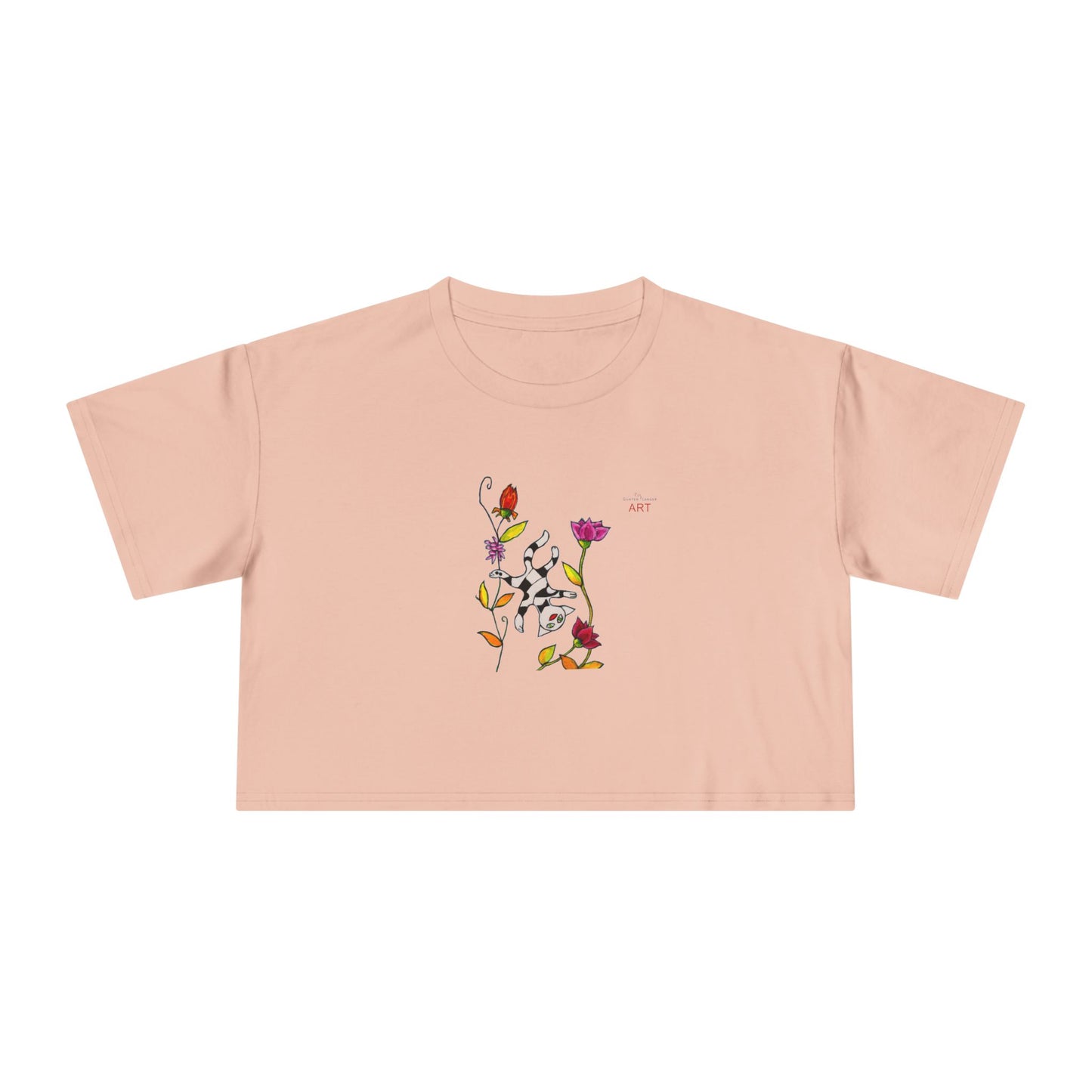 Women's Crop Tee - Motiv: Vorderseite H17,5 cm & Rückseite H26,5 cm, Katze schwebt & Ranken