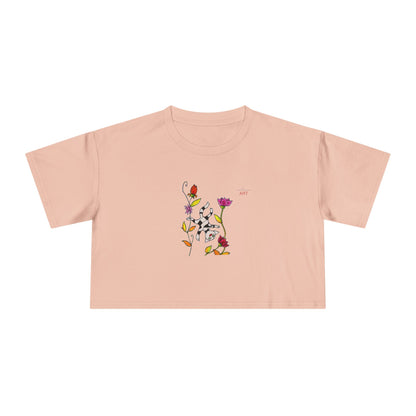 Women's Crop Tee - Motiv: Vorderseite H17,5 cm & Rückseite H26,5 cm, Katze schwebt & Ranken