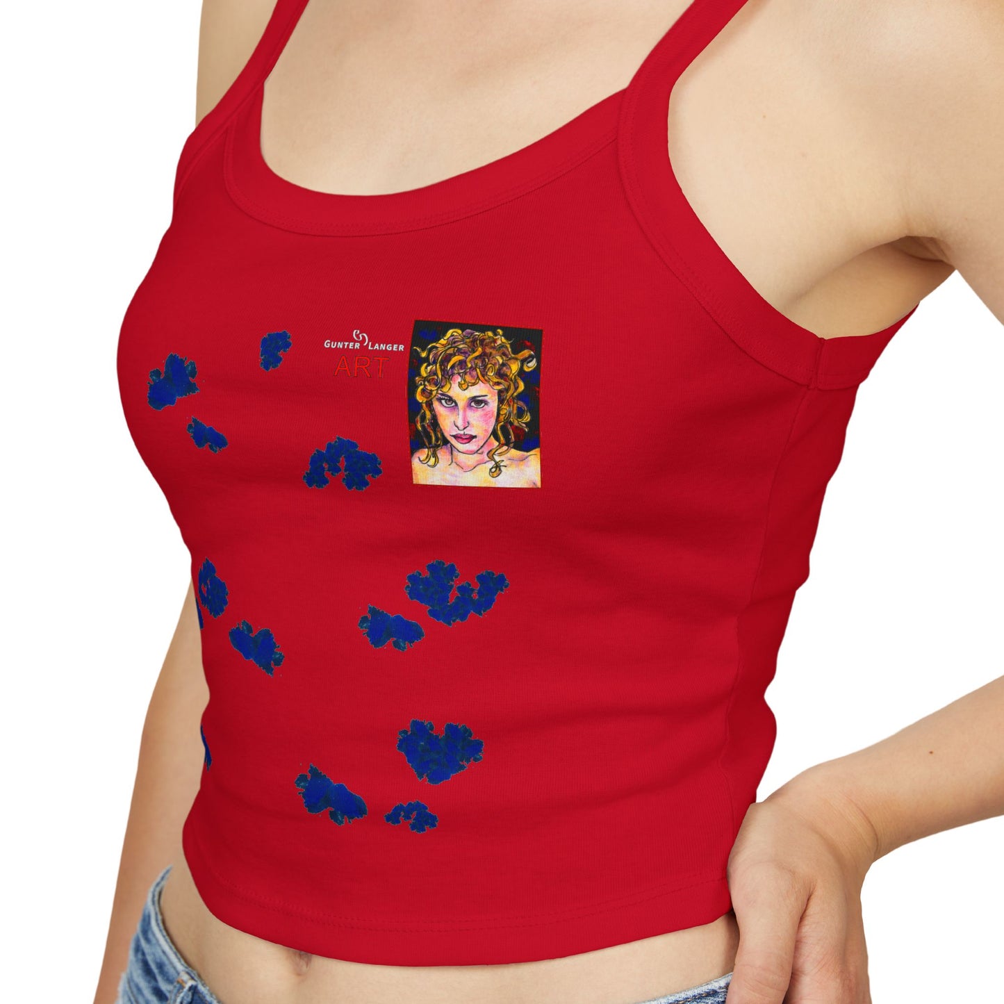 Women's Spaghetti Strap Tank Top - Motiv Front Antonietta, blaue Punkte & Rückseite Mikado