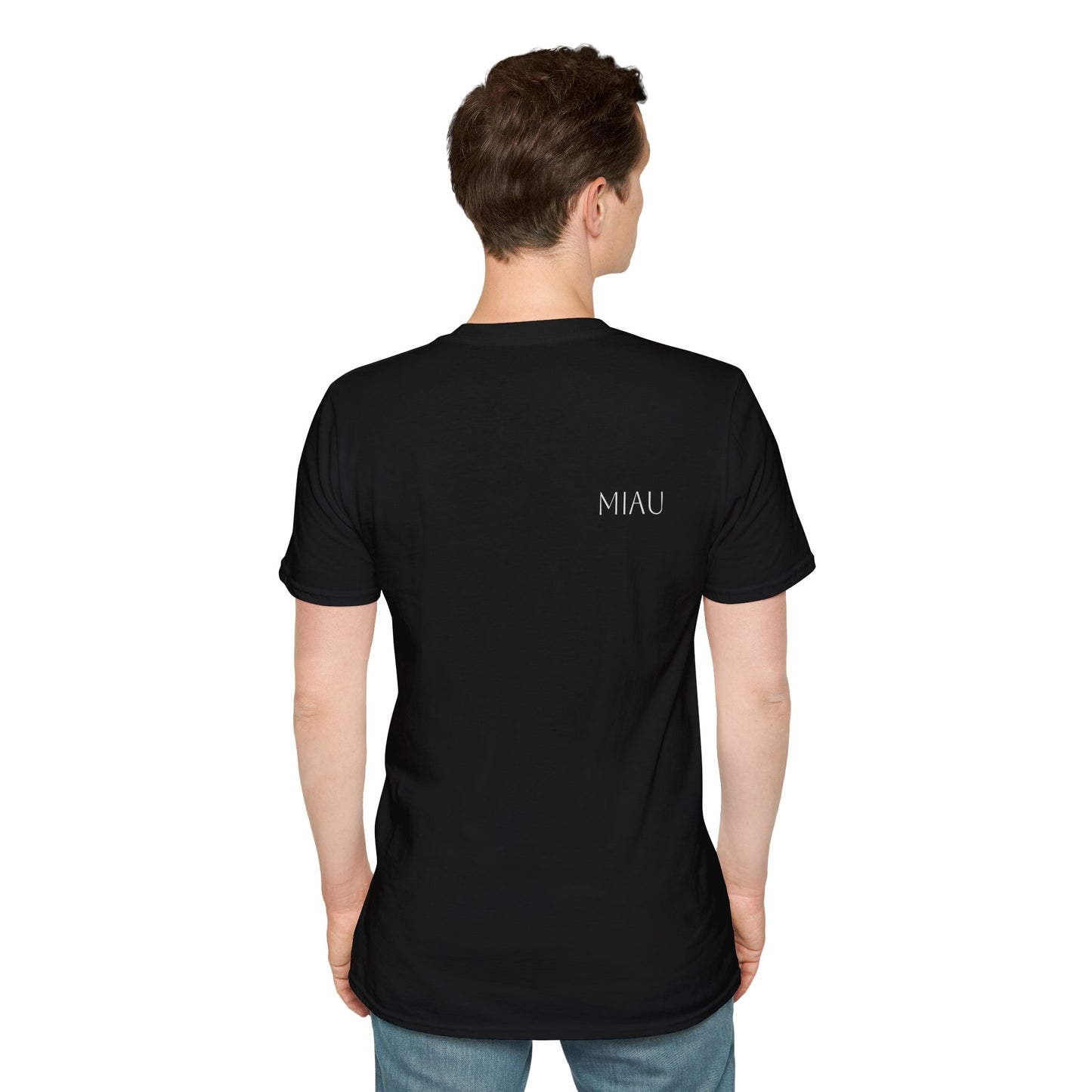 Unisex Softstyle T-Shirt - Motiv: Front, Katze schwebt, Ranken, Miau, H 11 cm, Mikado 3 & Rückseite Schrift Miau, N-Label