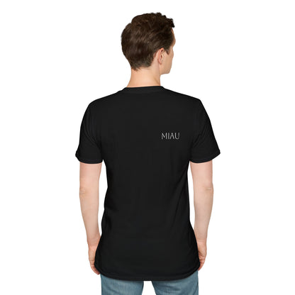 Unisex Softstyle T-Shirt - Motiv: Front, Katze schwebt, Ranken, Miau, H 11 cm, Mikado 3 & Rückseite Schrift Miau, N-Label