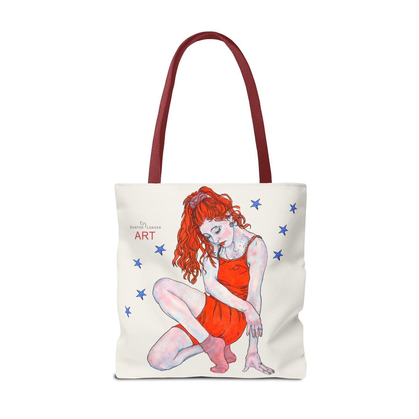 Tote Bag (AOP) - Motiv: Front Julia & Rückseite Julia 41,44cm Beige, Blaue Sterne