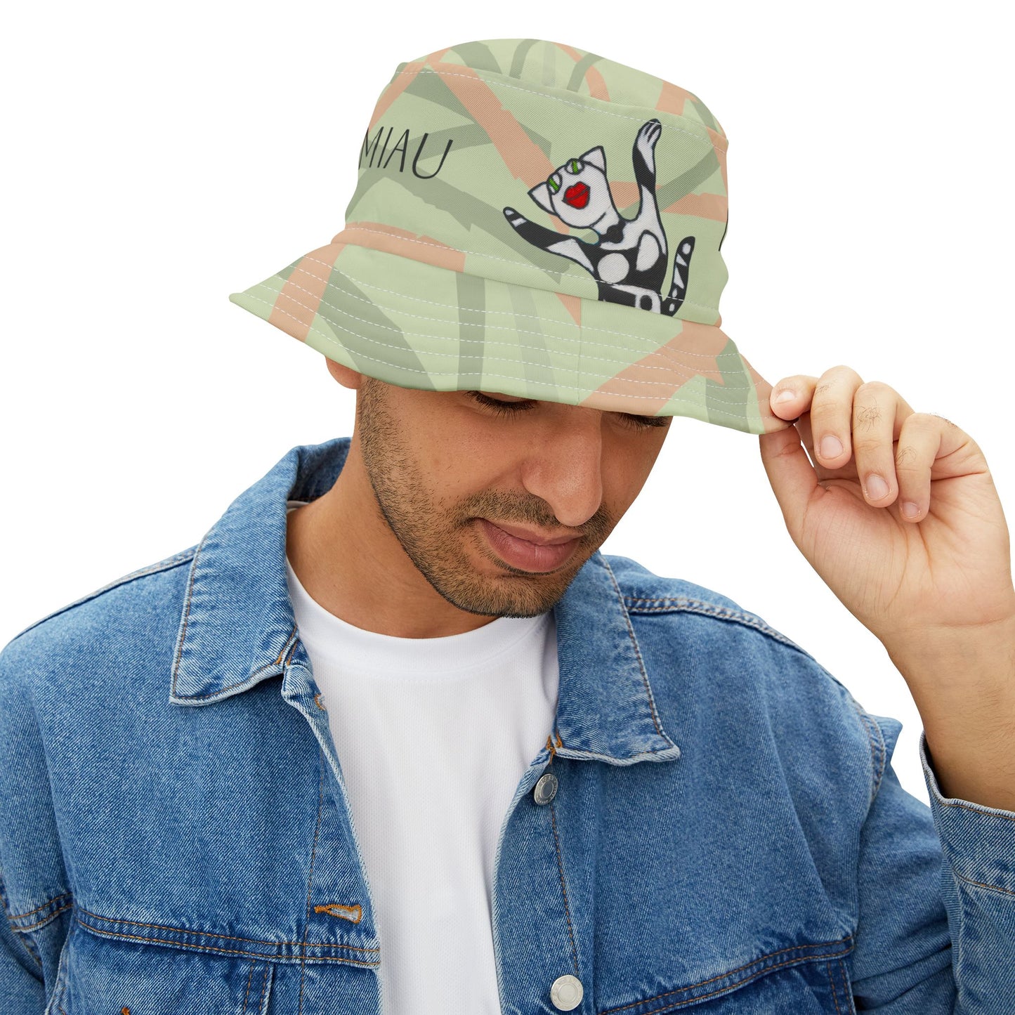 Bucket Hat (AOP) - Motiv: Miau, Mikado hellgrün