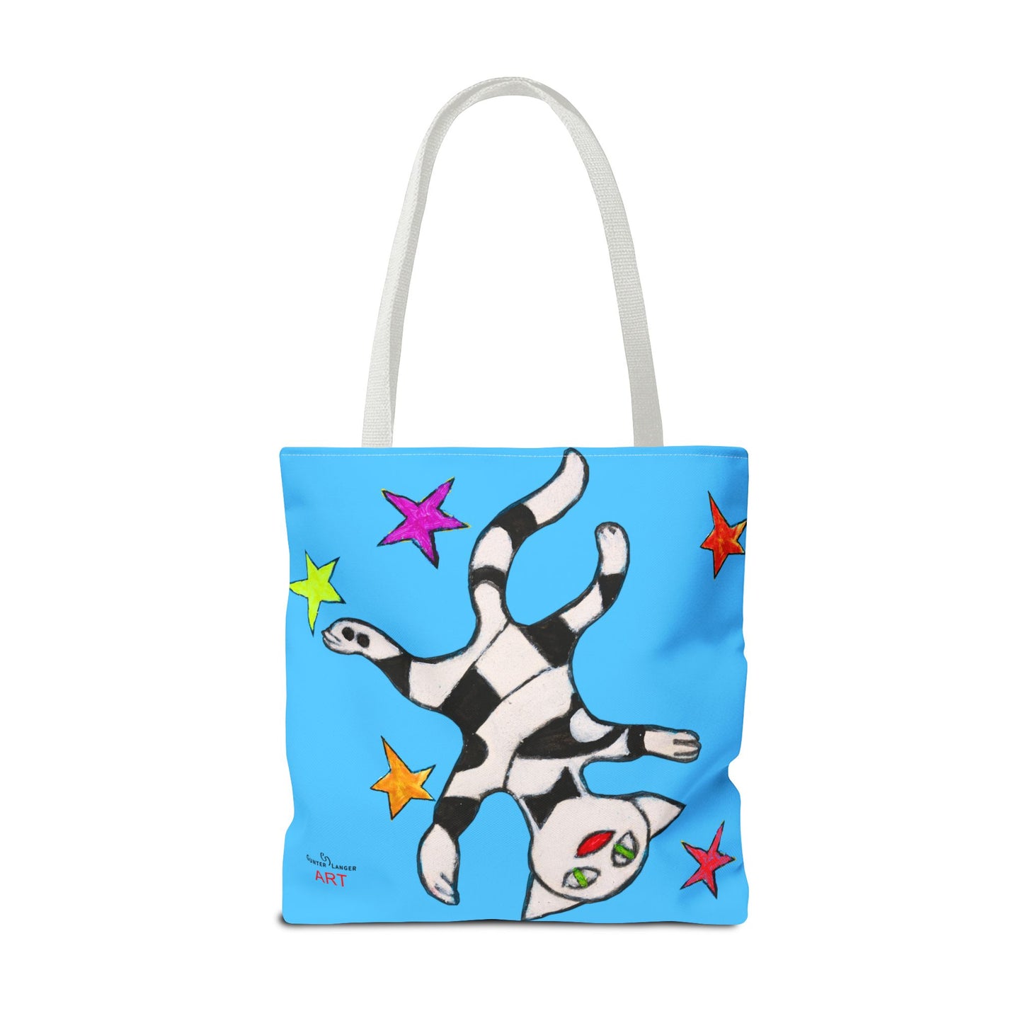 Tote Bag (AOP) - Motiv:  Front Katze schwebt & Rückseite  Katze schwebt, Blau, Sterne