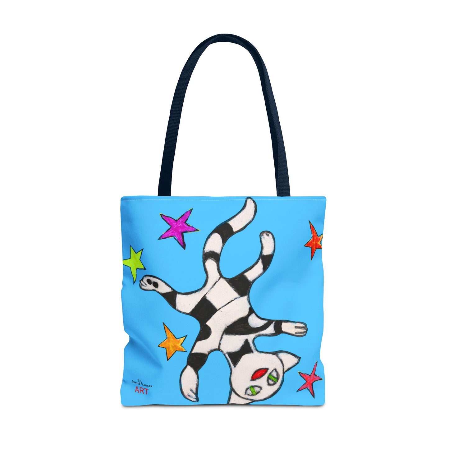 Tote Bag (AOP) - Motiv:  Front Katze schwebt & Rückseite  Katze schwebt, Blau, Sterne