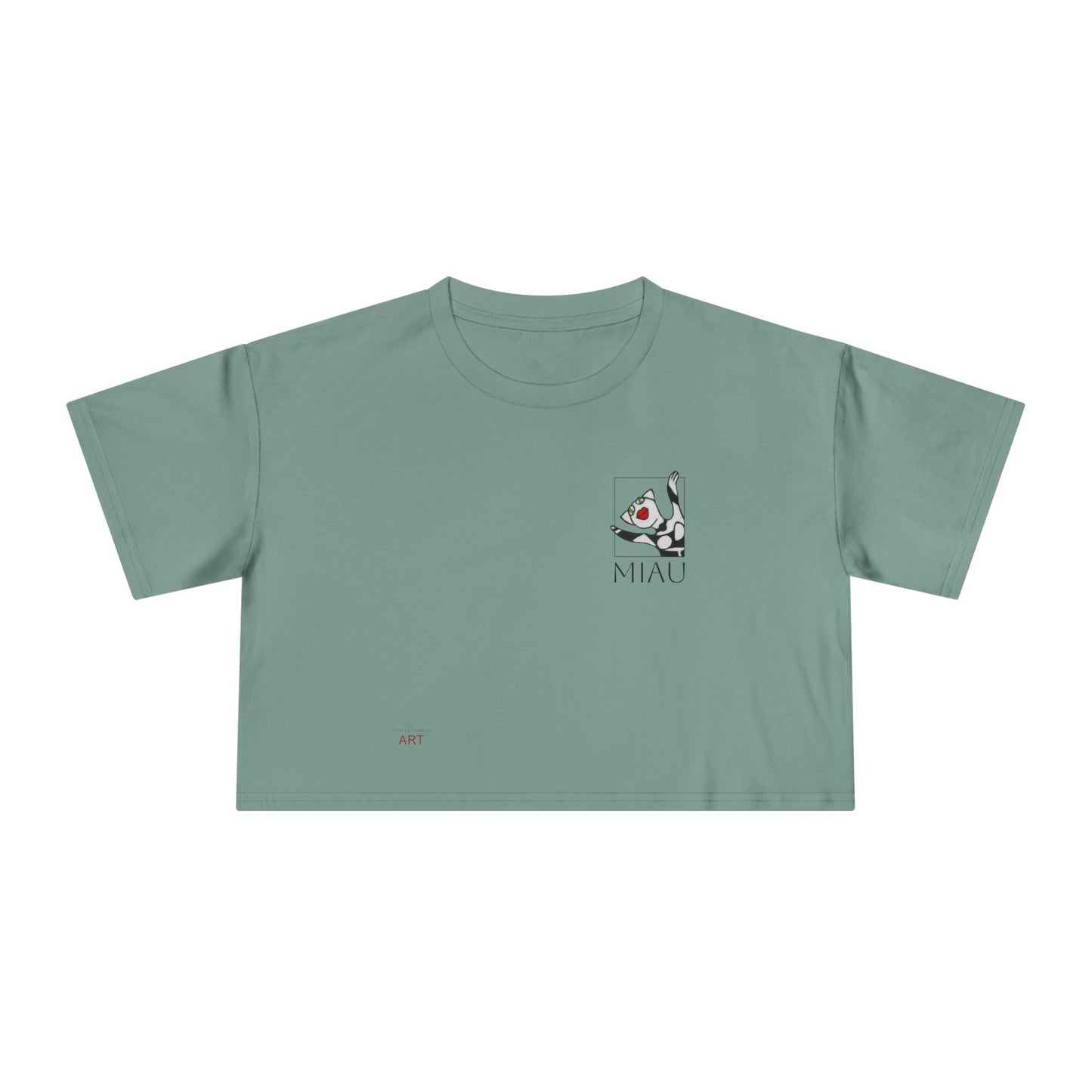 Women's Crop Tee - Motiv: Motiv: Front "Miau" klein, schwarz, H 8 cm, Rückseite "Miau"