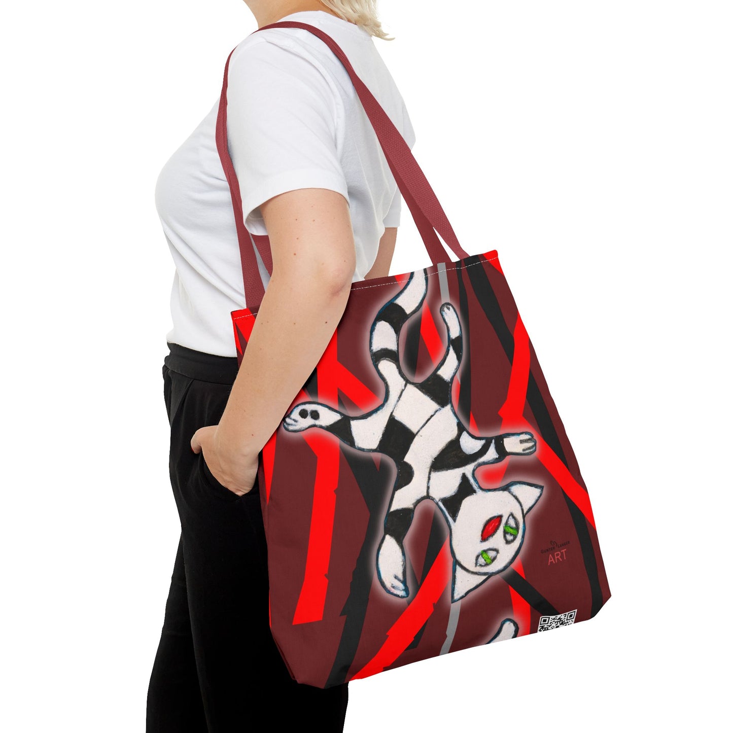Tote Bag (AOP) - Motiv: Mikado Rot, mit Katze schwebt