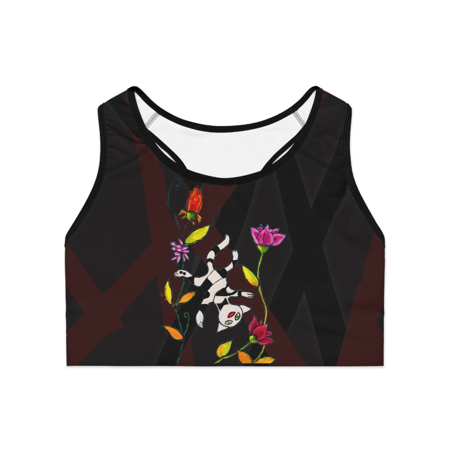 Sports Bra (AOP) - Motiv: Vorderseite Katze fliegt und Rückseite Katze fliegt, klein, Mikado schwarz