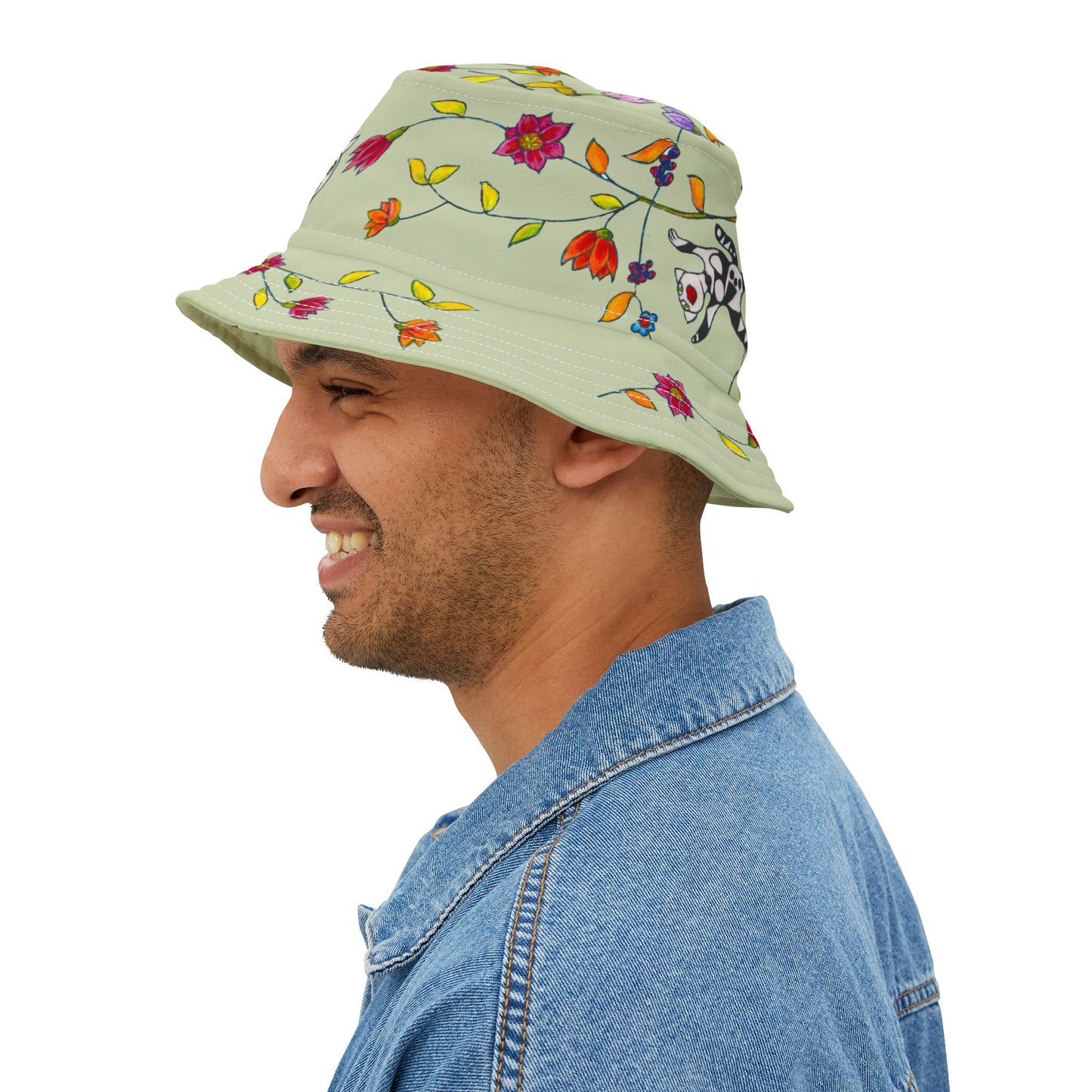 Bucket Hat (AOP) - Motiv: Katze fliegt, Ranken, grün