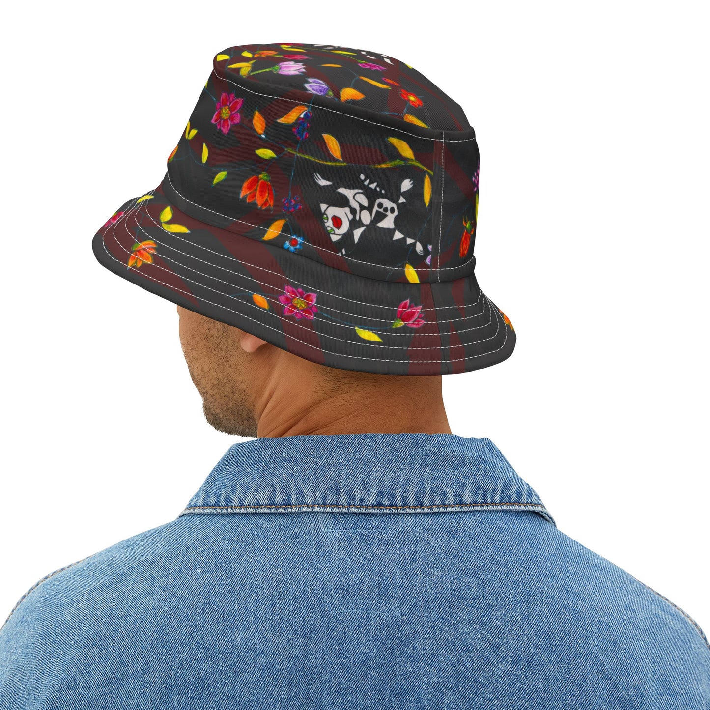 Bucket Hat (AOP) - Motiv: Katze fliegt, Ranken, schwarz
