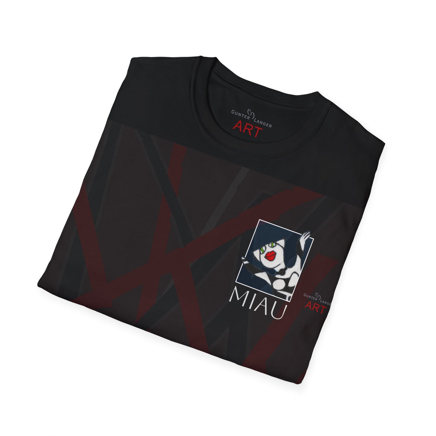 Unisex Softstyle T-Shirt - Motiv: Front Miau H 10 cm, Mikado & Rückseite Schrift Miau, N-Label