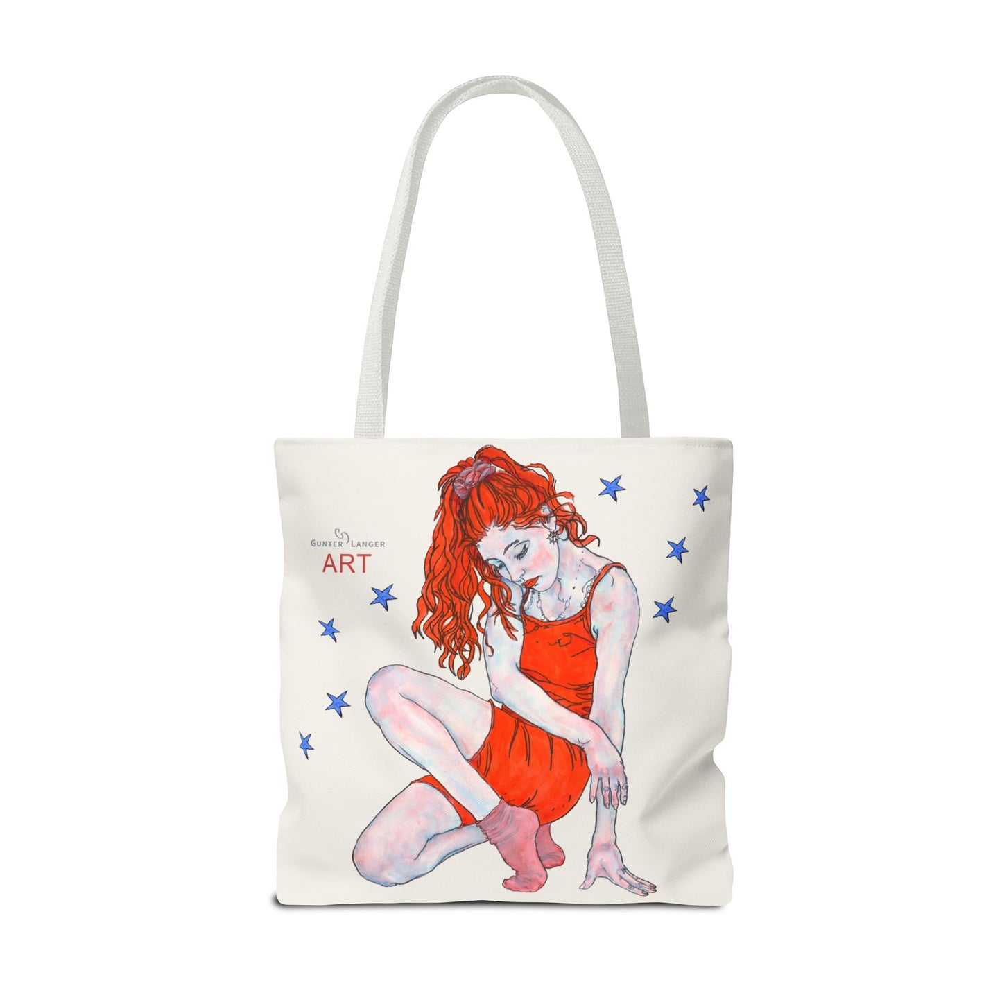 Tote Bag (AOP) - Motiv: Front Julia & Rückseite Julia 41,44cm Beige, Blaue Sterne