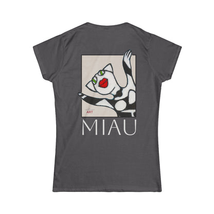 Women's Softstyle Tee - Motiv: Front Miau H 15,3 cm & Rückseite Miau, H27,94 cm