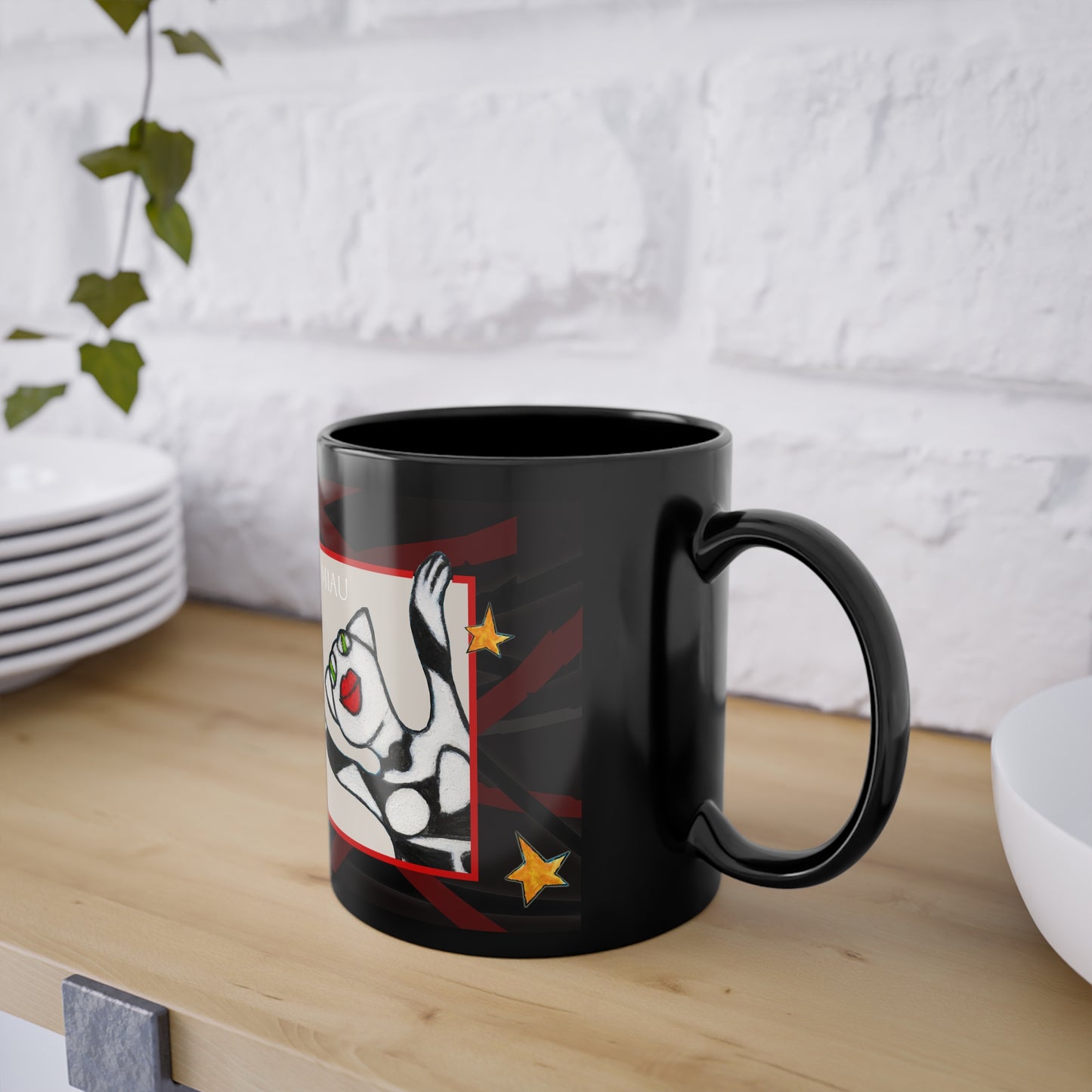 Black Coffee Cup, 11oz - Motiv: Miau, Kasten & Mikado Schwarz 2