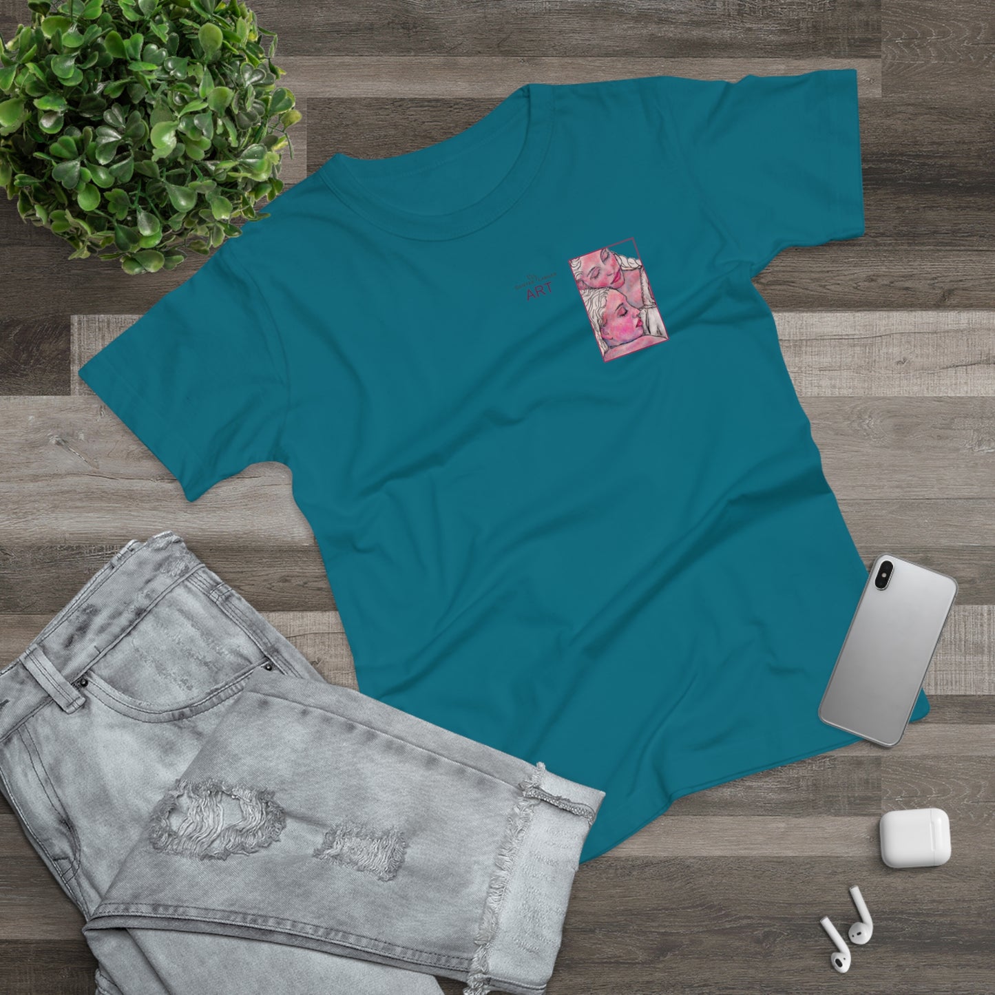 Single Jersey Women's T-shirt - hell - Motiv: Zuflucht, Ausschnitt, H 10 cm