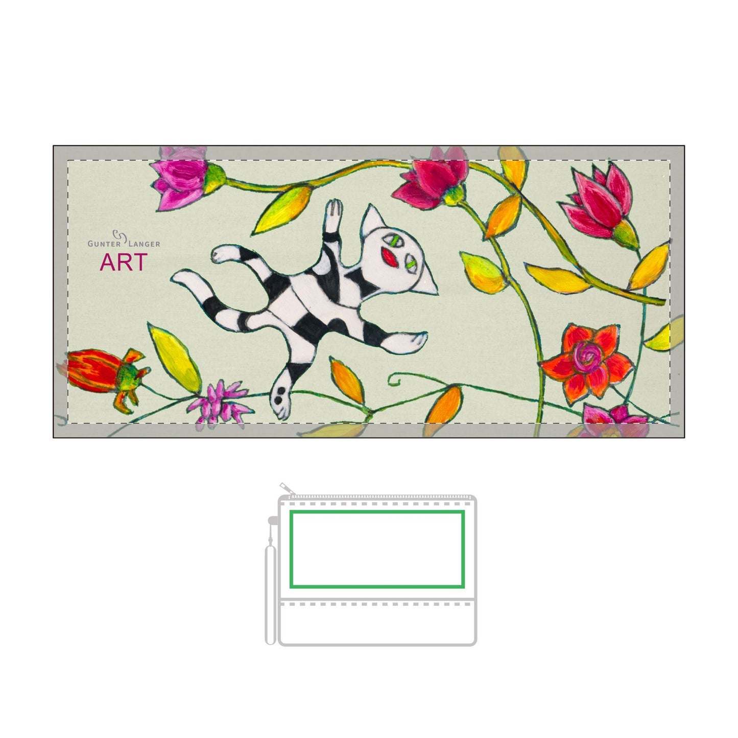 Thermochromic Cosmetic Bag - Motiv: Katze Schwebt, Ranken