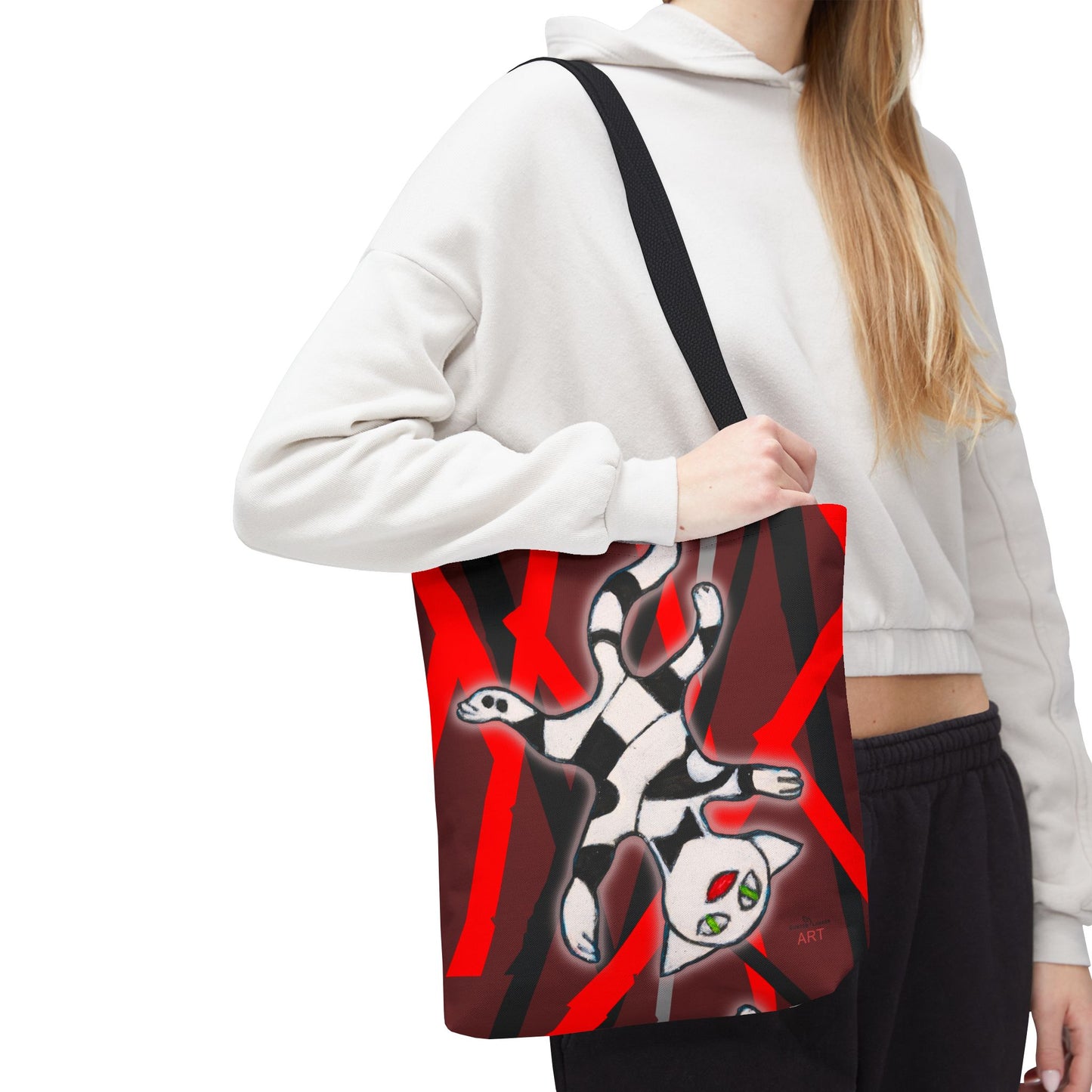 Tote Bag (AOP) - Motiv: Mikado Rot, mit Katze schwebt