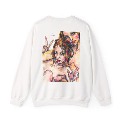 Unisex Heavy Blend™ Crewneck Sweatshirt - Motiv: Front Camilla (H 11,4 cm) & Rückseite Camilla / Leni, H 41 cm