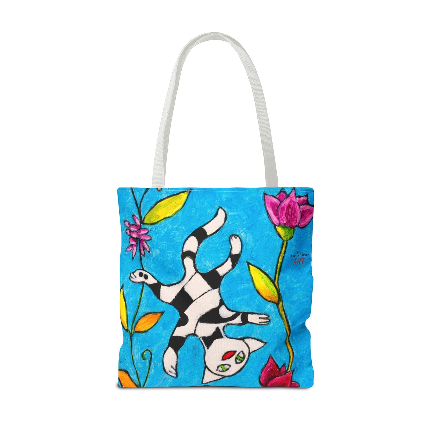 Tote Bag (AOP) - Motiv:  Front Katze schwebt, Rückseite  Katze schwebt, Blau, Ranken