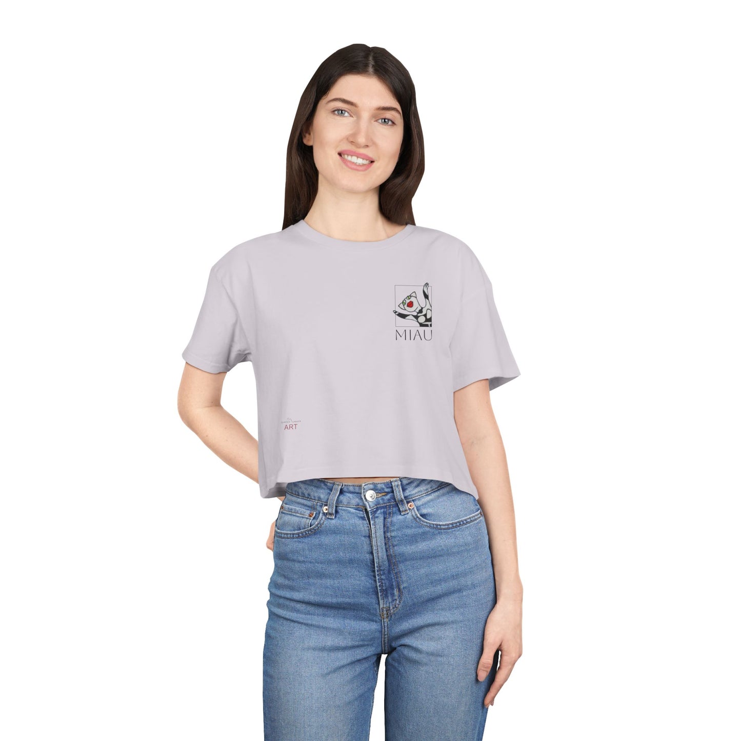 Women's Crop Tee - Motiv: Motiv: Front "Miau" klein, schwarz, H 8 cm, Rückseite "Miau"