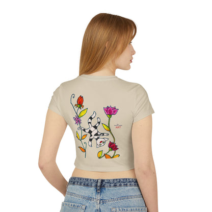 Women's Baby Tee - Motiv: Vorderseite und Rückseite, Katze schwebt & Ranken H 35 cm