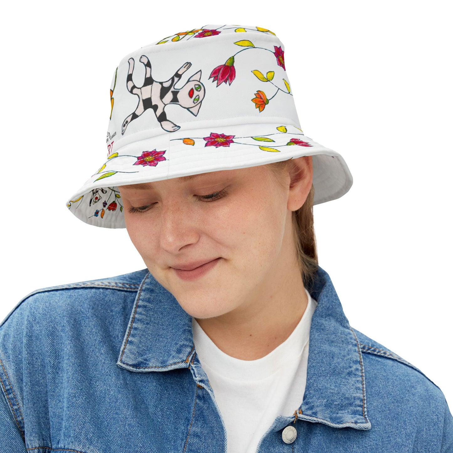 Bucket Hat (AOP) - Motiv: Katze fliegt, Ranken, Weiss