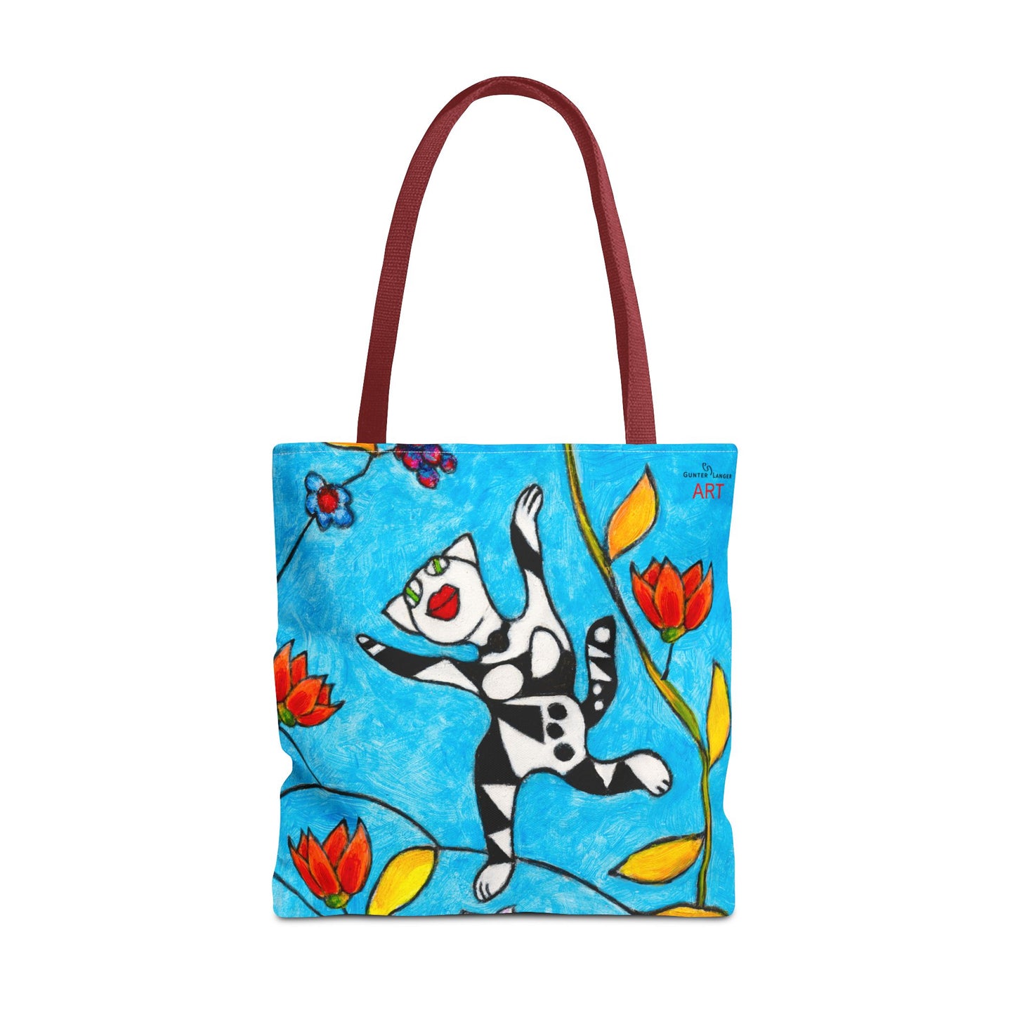 Tote Bag (AOP) - Motiv:  Front Katze springt, Rückseite  Katze springt, Blau, Ranken