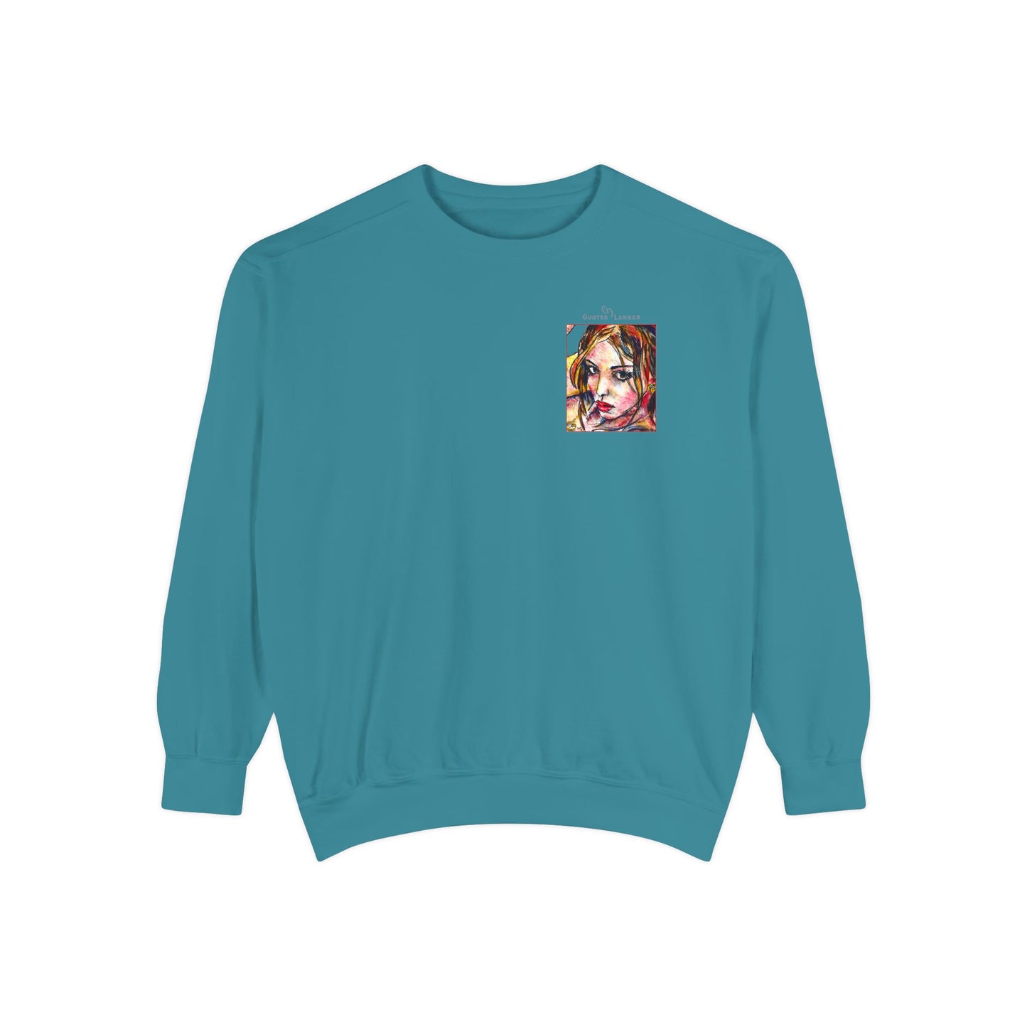Unisex Garment-Dyed Sweatshirt - Motiv: Front Camilla (H 11,4 cm) & Rückseite Camilla / Leni, H 41 cm