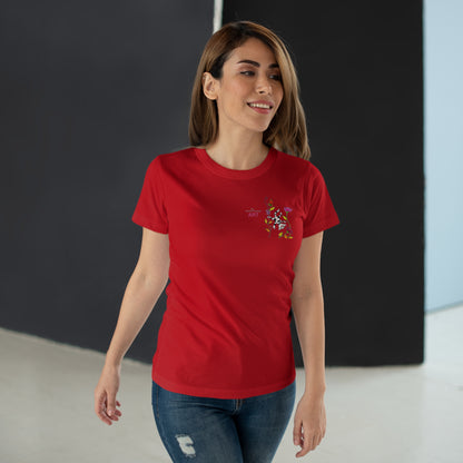 Single Jersey Women's T-shirt - dunkel - Motiv: Katze schwebt und Ranken, Vorderseite H 11 cm & Rückseite H 21,85 cm