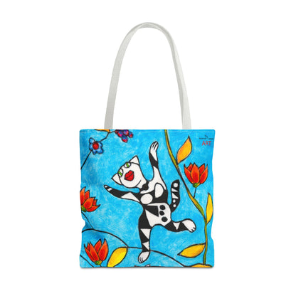 Tote Bag (AOP) - Motiv:  Front Katze springt, Rückseite  Katze springt, Blau, Ranken
