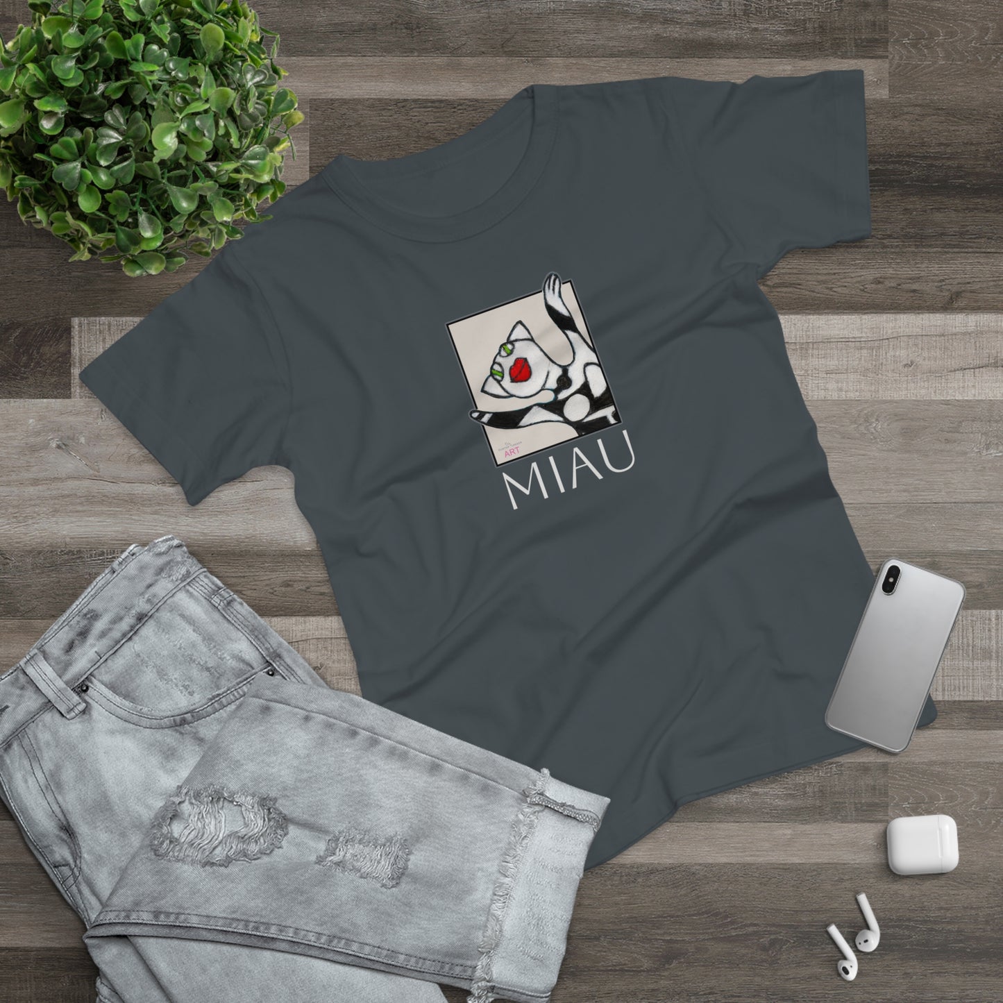 Single Jersey Women's T-shirt - dunkel - Motiv: Front Miau, H 15,3 cm, Rückseite Miau, H27,94 cm