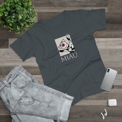 Single Jersey Women's T-shirt - dunkel - Motiv: Front Miau, H 15,3 cm, Rückseite Miau, H27,94 cm