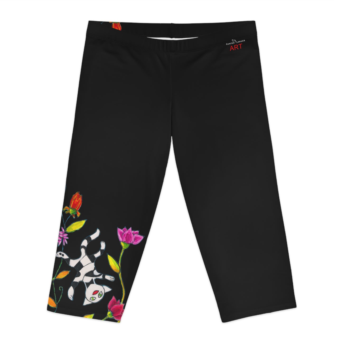 Women's Capri Leggings (AOP) -  Motiv: Katze fliegt, Ranken, schwarz