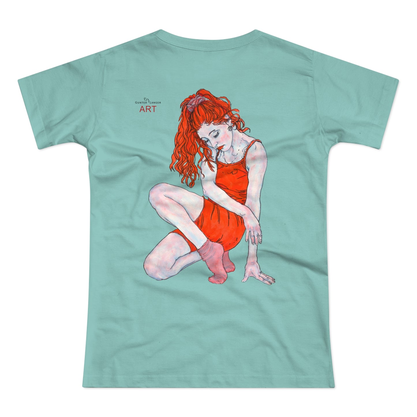 Single Jersey Women's T-shirt - hell - Motiv:  Front Julia, Ausschnitt 6,7 cm & Rückseite Julia, H 37 cm