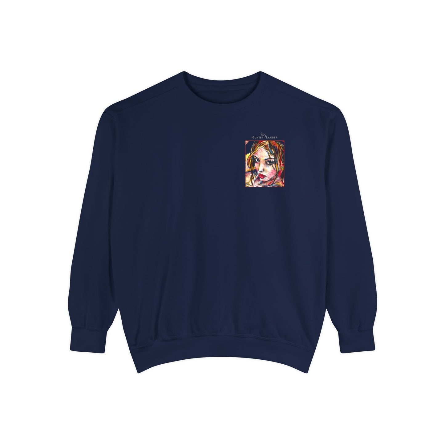 Unisex Garment-Dyed Sweatshirt - Motiv: Front Camilla (H 11,4 cm) & Rückseite Camilla / Leni, H 41 cm