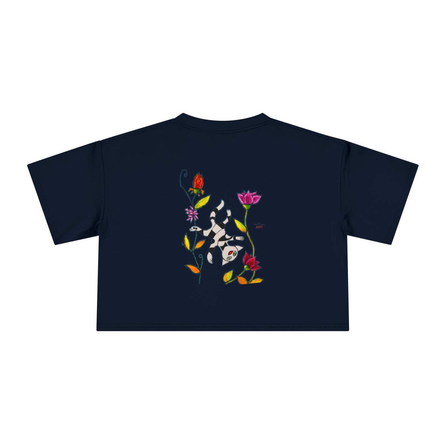 Women's Crop Tee - Motiv: Vorderseite H17,5 cm & Rückseite H26,5 cm, Katze schwebt & Ranken