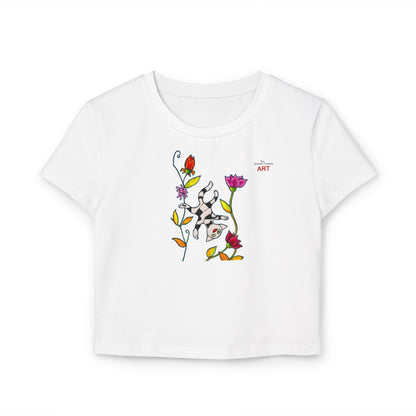 Women's Baby Tee - Motiv: Vorderseite und Rückseite, Katze schwebt & Ranken H 35 cm