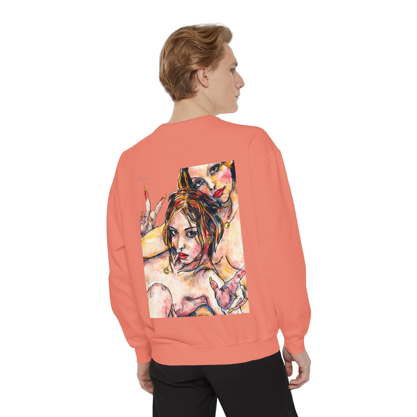 Unisex Garment-Dyed Sweatshirt - Motiv: Front Camilla (H 11,4 cm) & Rückseite Camilla / Leni, H 41 cm
