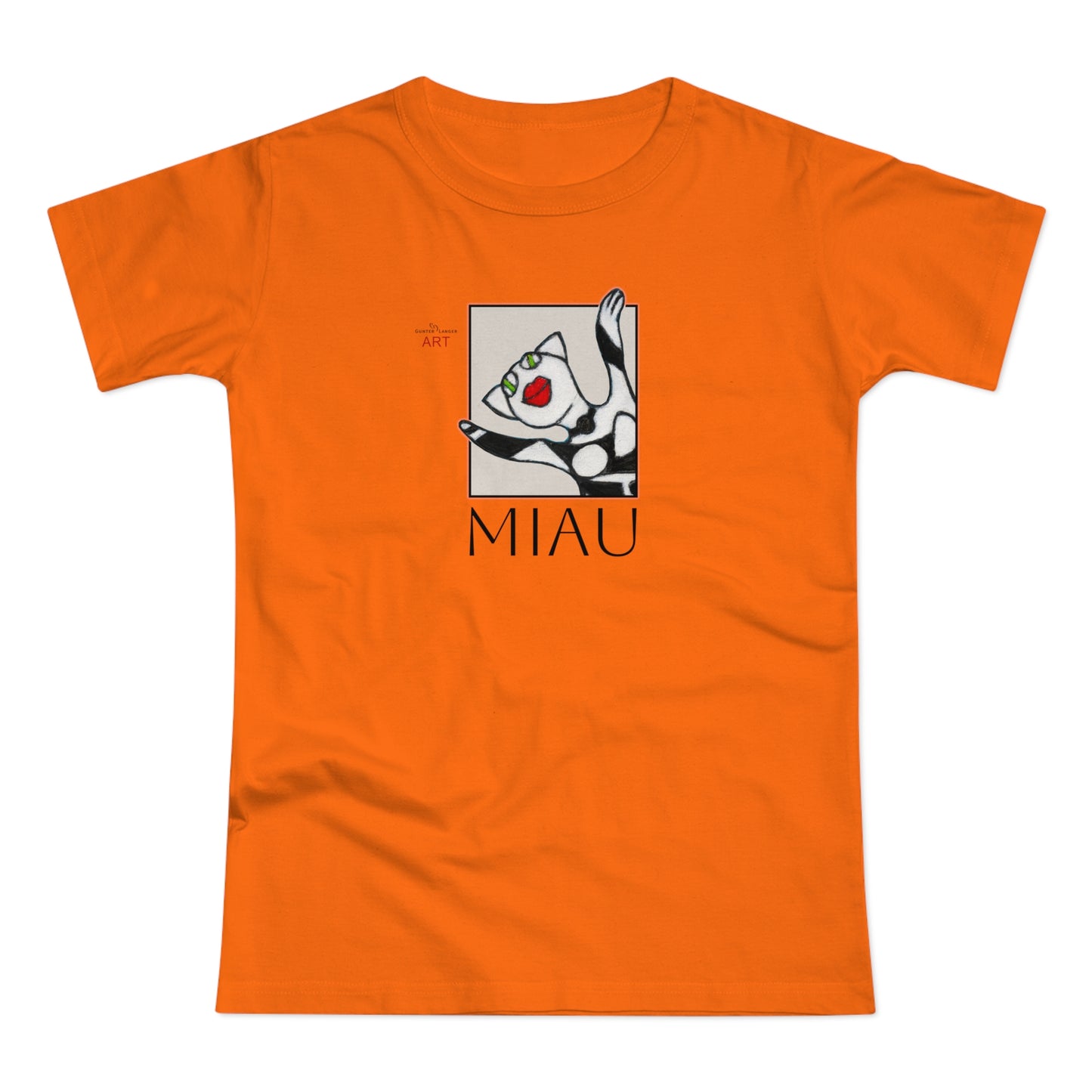 Single Jersey Women's T-shirt - hell - Motiv: Front Miau, H 15,3 cm, Rückseite Miau, H27,94 cm