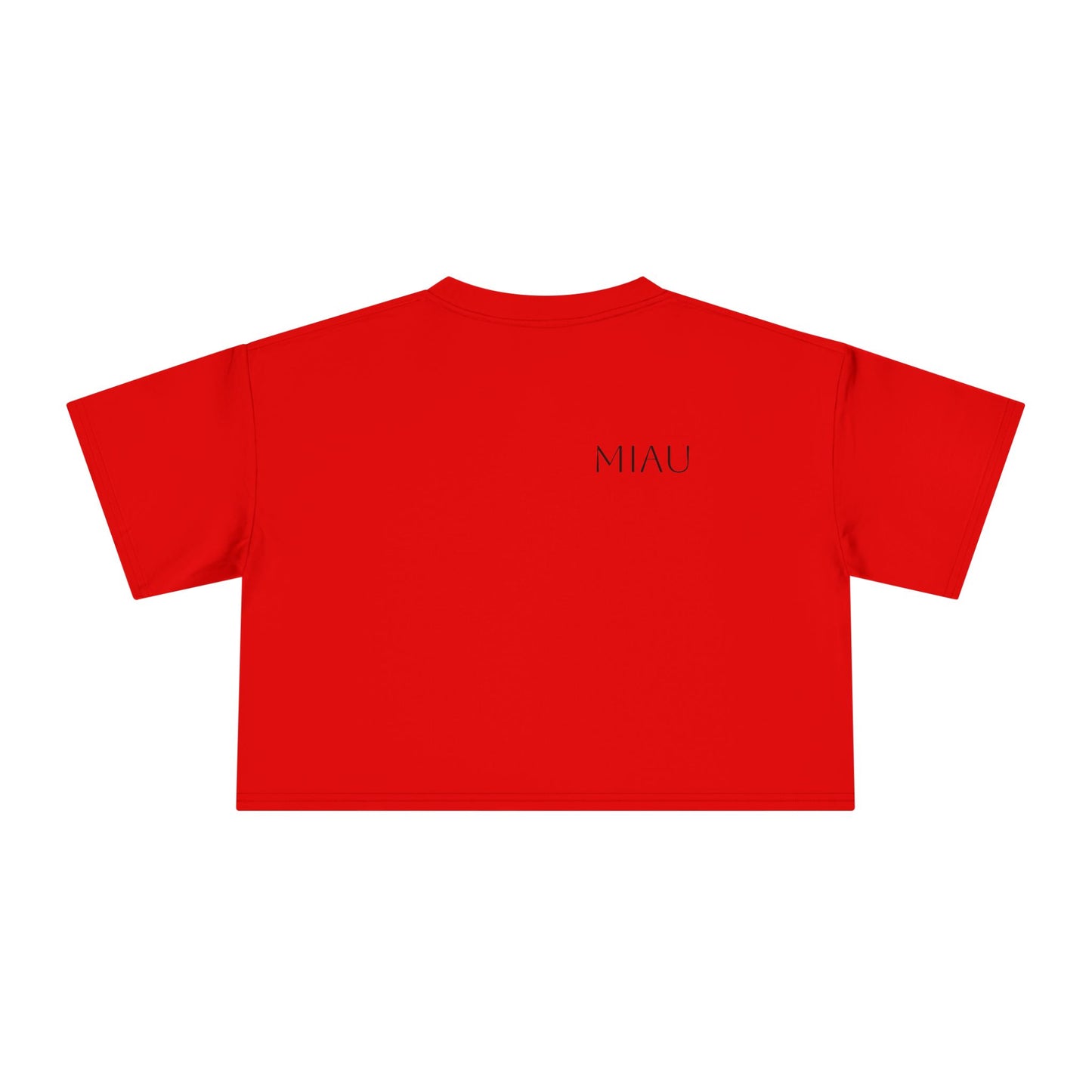 Women's Crop Tee - Motiv: Motiv: Front "Miau" klein, schwarz, H 8 cm, Rückseite "Miau"