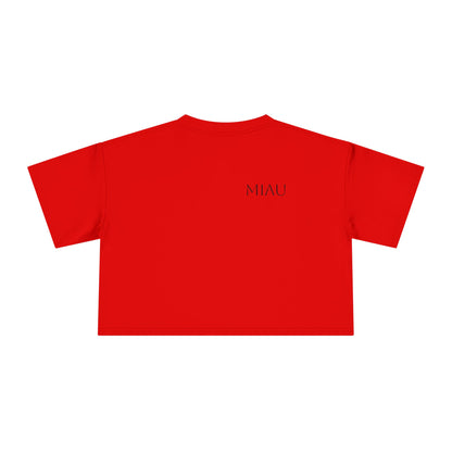 Women's Crop Tee - Motiv: Motiv: Front "Miau" klein, schwarz, H 8 cm, Rückseite "Miau"