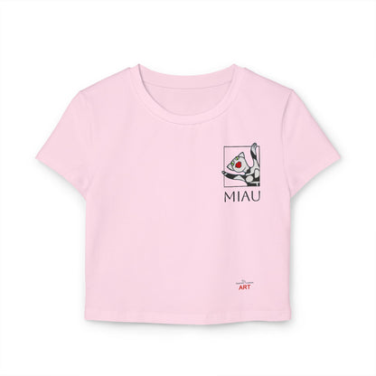 Women's Baby Tee - Motiv: Motiv: Front "Miau" klein, schwarz, H 8 cm, Rückseite "Miau"