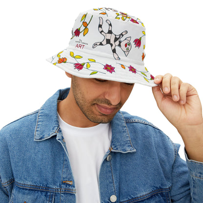 Bucket Hat (AOP) - Motiv: Katze fliegt, Ranken, Weiss