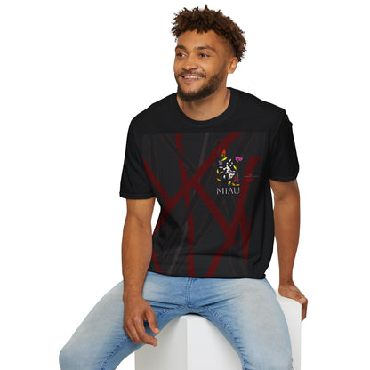 Unisex Softstyle T-Shirt - Motiv: Front, Katze schwebt, Ranken, Miau, H 11 cm, Mikado 3 & Rückseite Schrift Miau, N-Label