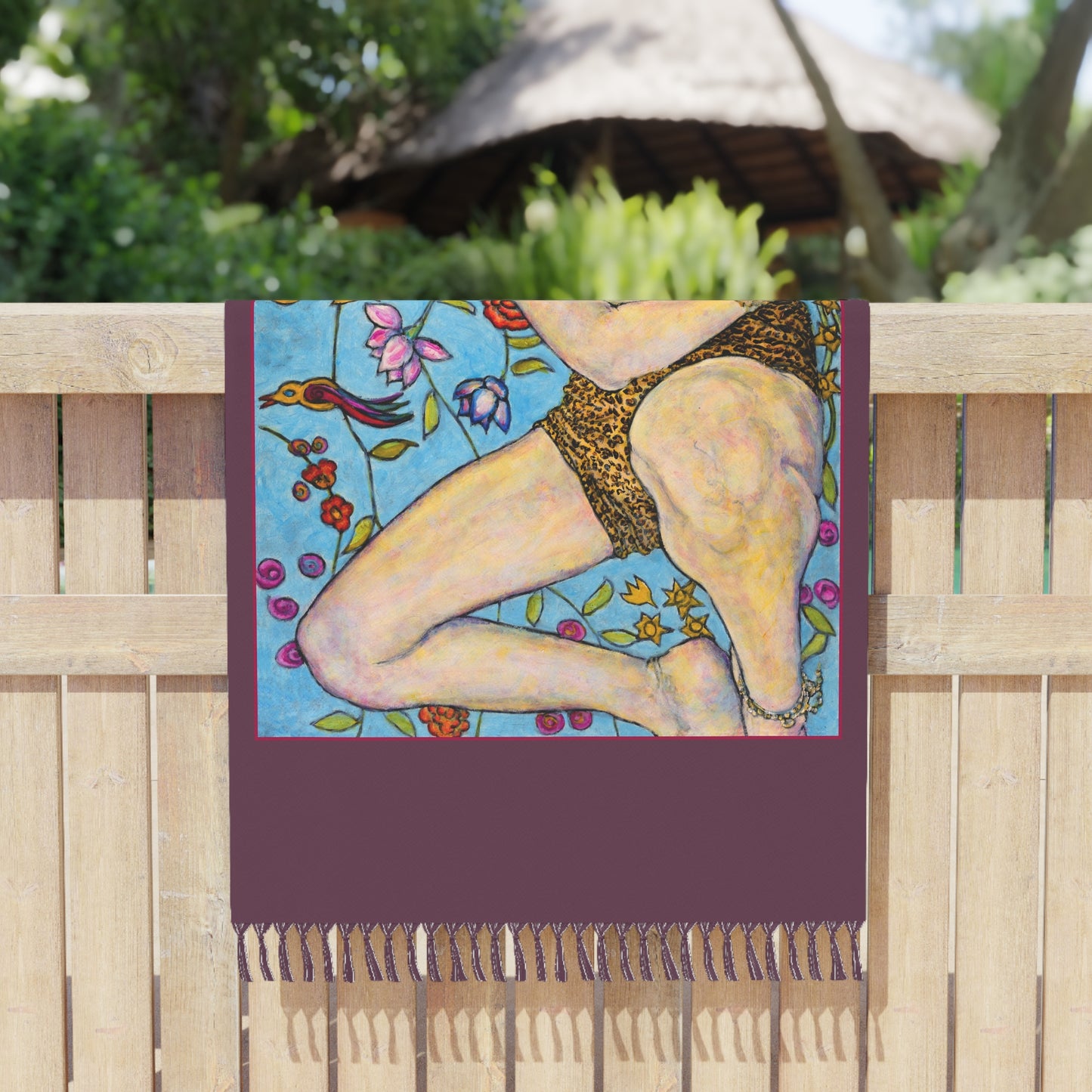 Boho Beach Cloth - Motiv: Ida, groß,  roter Rahmen, Tuch: Dunkelrot, 97 x 206 cm