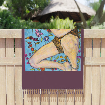 Boho Beach Cloth - Motiv: Ida, groß,  roter Rahmen, Tuch: Dunkelrot, 97 x 206 cm