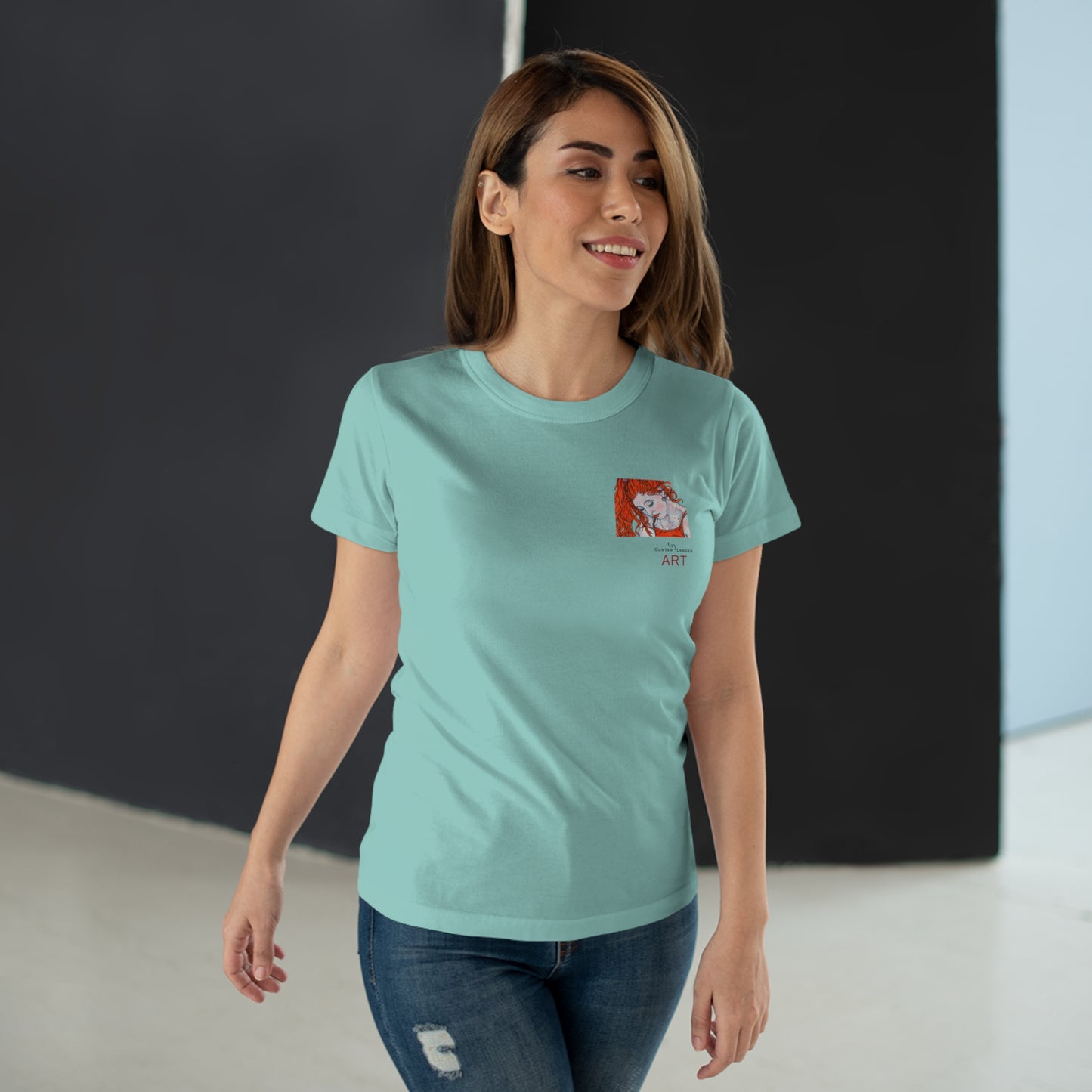 Single Jersey Women's T-shirt - hell - Motiv:  Front Julia, Ausschnitt 6,7 cm & Rückseite Julia, H 37 cm